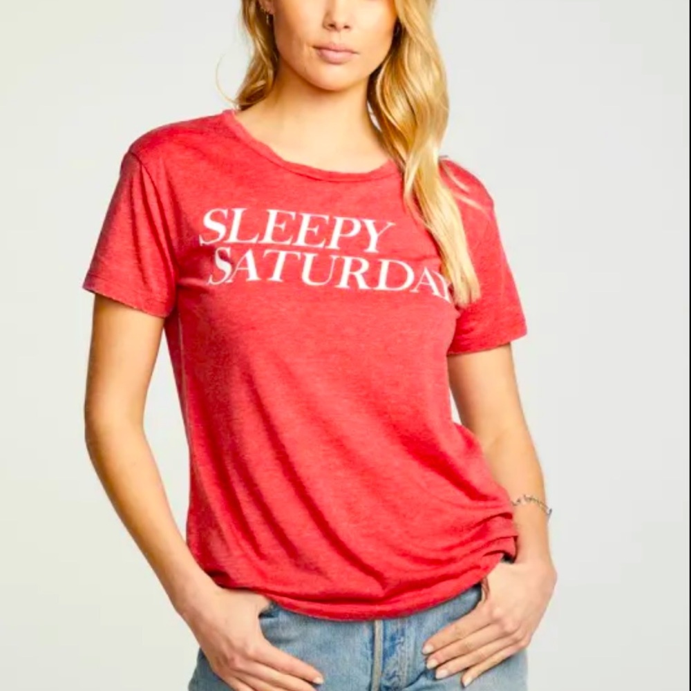 CHASER Sleepy Saturday Recycled Vintage Graphic T-Shirt in Crimson Size S NEW